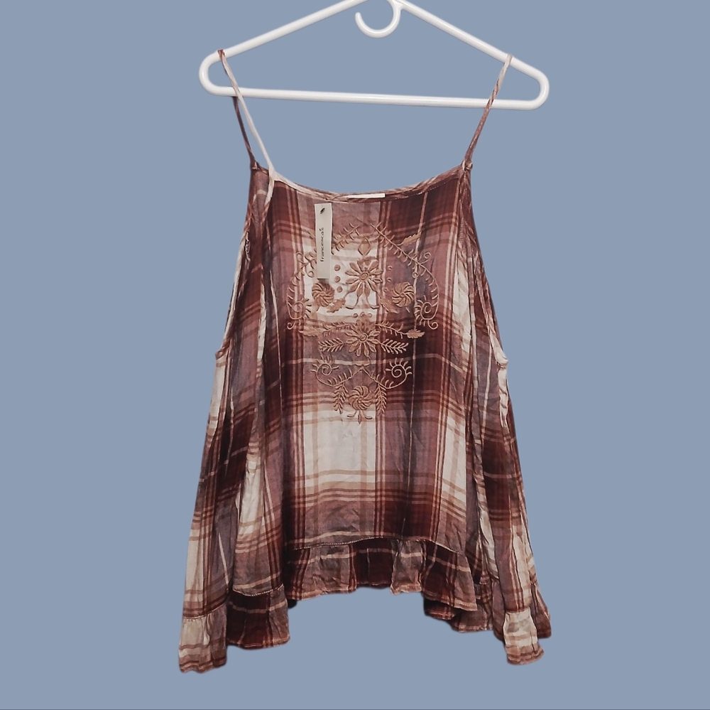 Francesca's Flannel Cold Shoulder, Long Sleeve, Ruffle Hem Blouse Small NWT